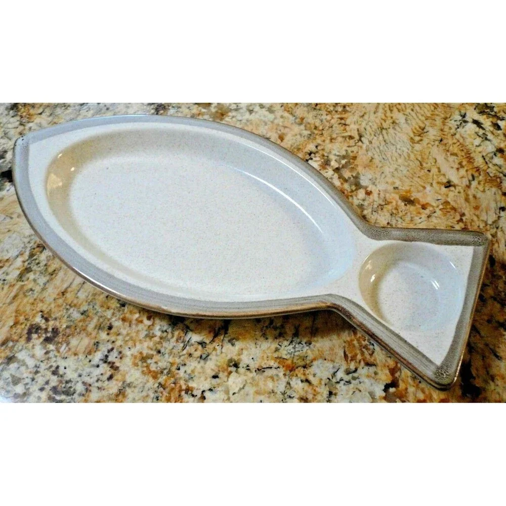Rego Stoneware Set (s) of 4 Fish Shaped Seafood Server Plates Platters Speckled